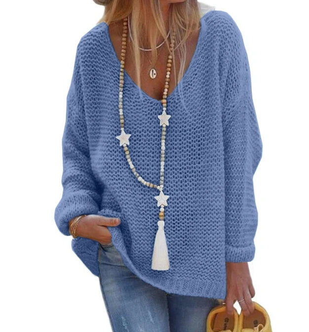 Women's Winter Sweaters Commuting 2024 Winter Solid Color Knitted Sweater V-Neck Long Sleeved Top Loose Fit Pullover Sweater