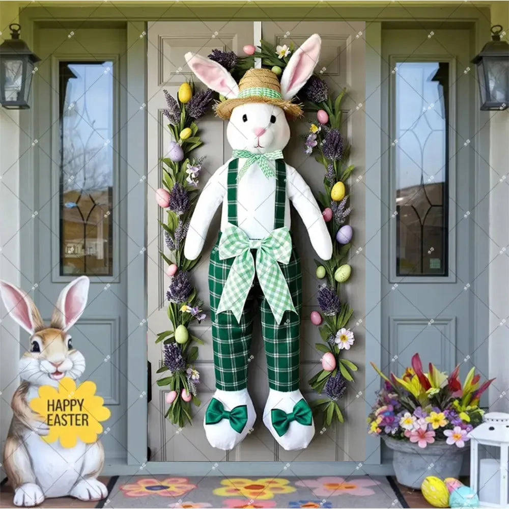 Spring Easter Theme Charming Rabbit On The Toilet Grass Flower Eggs Door Banner Cover Backdrop Easter Festival Party Porch Decor