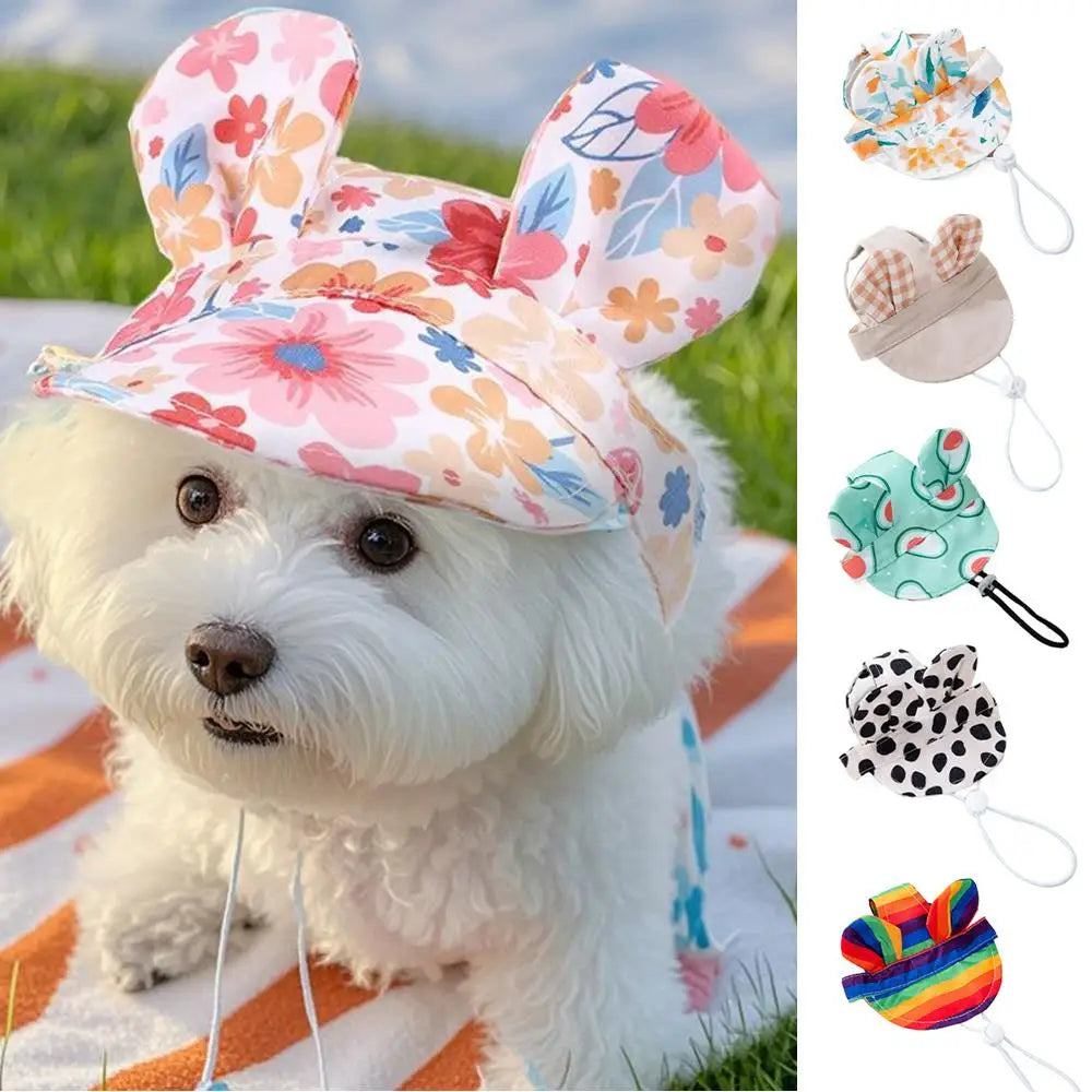 Pet Hats  With Ear Holes Cat Ears Flower Stripe Bucket Hat Dogs Breathable Fisherman Cap Adjustable Puppy Kitten Sun Hat Soft