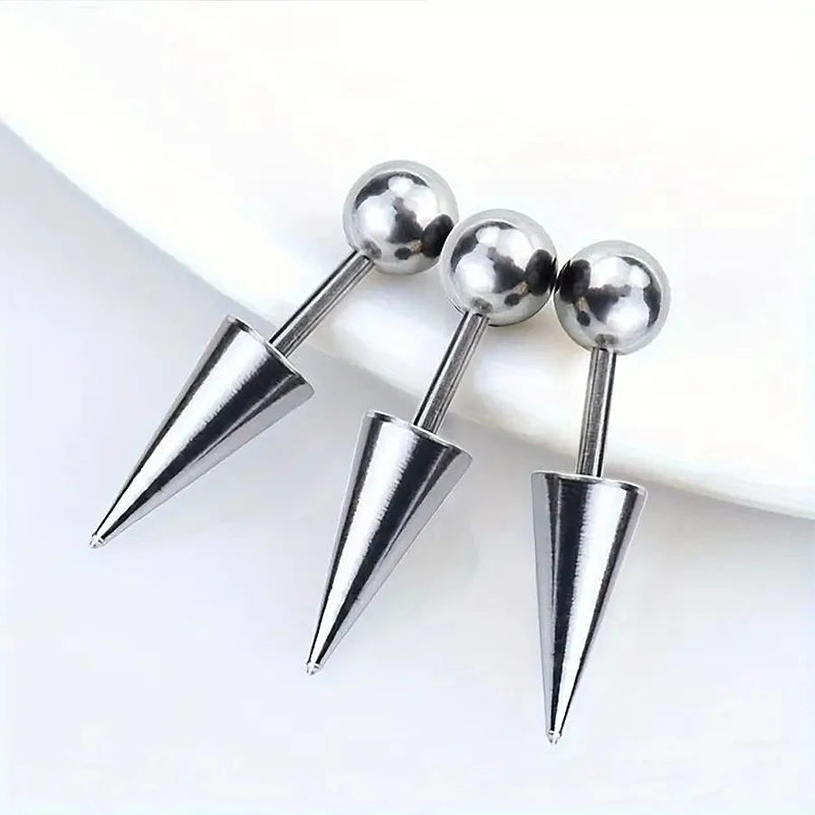 3 stainless steel tapered stud earrings, lip studs, punk-style piercing accessory, hypoallergenic