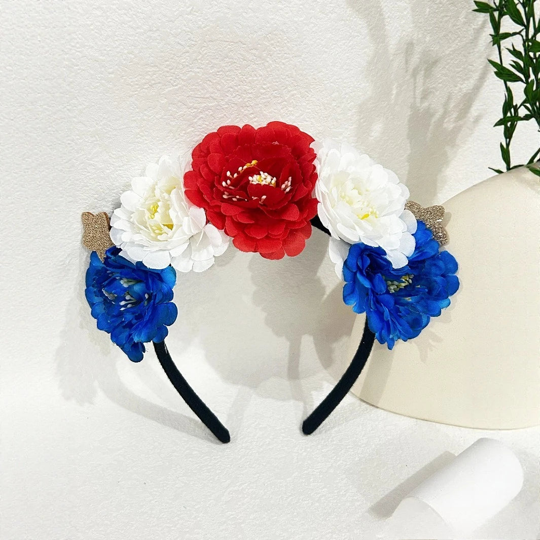 Floral 4th of July Headband Blue White Red Flower Headbands for Women Girls Crown Hair Wreath for Independence Day