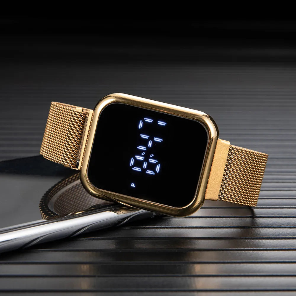 Casual Digital Watch for Men Women Luxury Rose Gold LED Watches Magnetic Metal Mesh Band Fashion Simple Ladies Electronic Clock