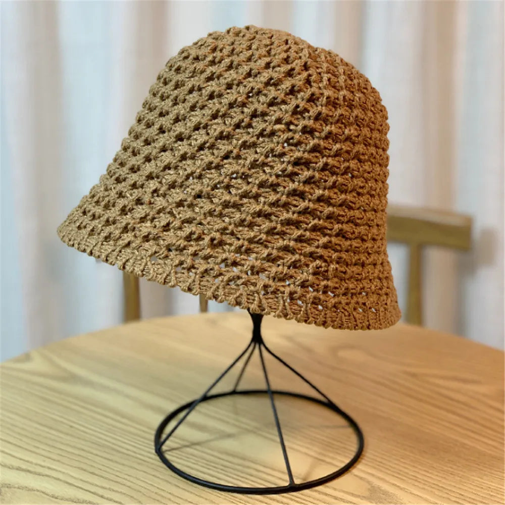 Bucket Hat Female Summer Thin Woolen Knitted Basin Foldable Literary and Artistic Leisure All-match Sun Cap