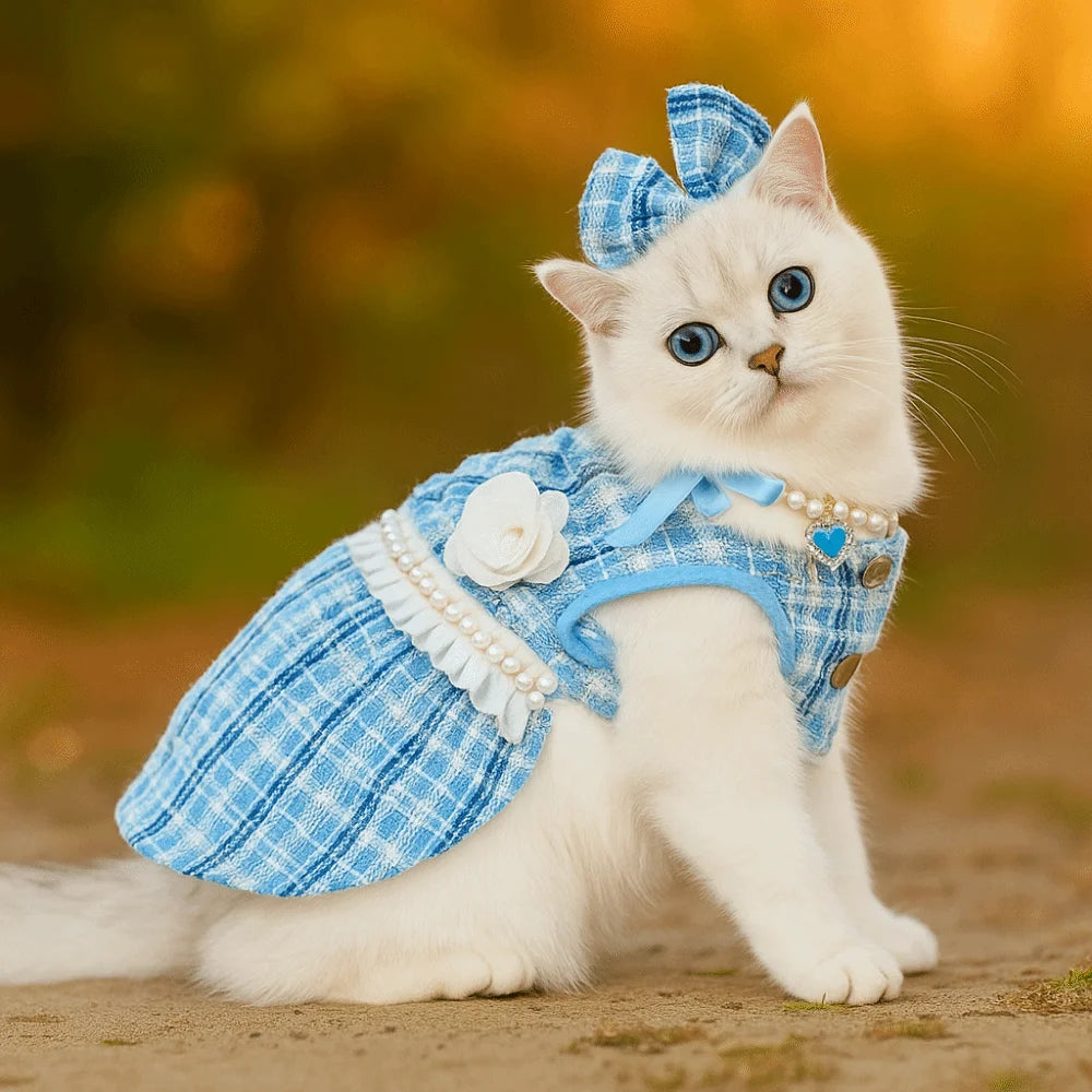 Pet Clothes Cute name-branded clothes Puppy Plaid Dress Soft Thin Design Cat Bow Pearl Coat Breathable Pet Windbreaker Kittens