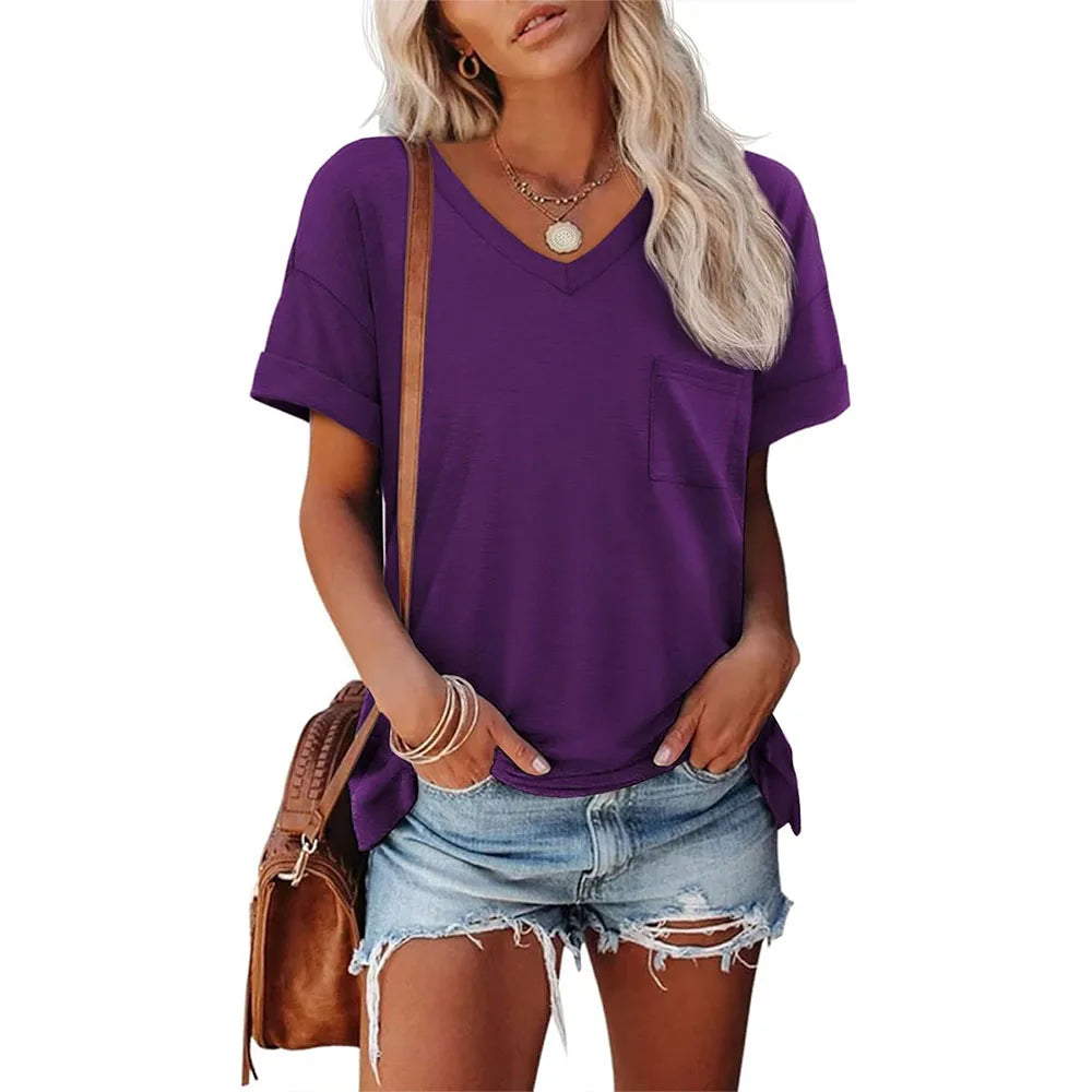 Womens T Shirts 2025 Short Sleeve V-Neck Shirts Cute Fit Summer Casual Tee Tops S-XXL