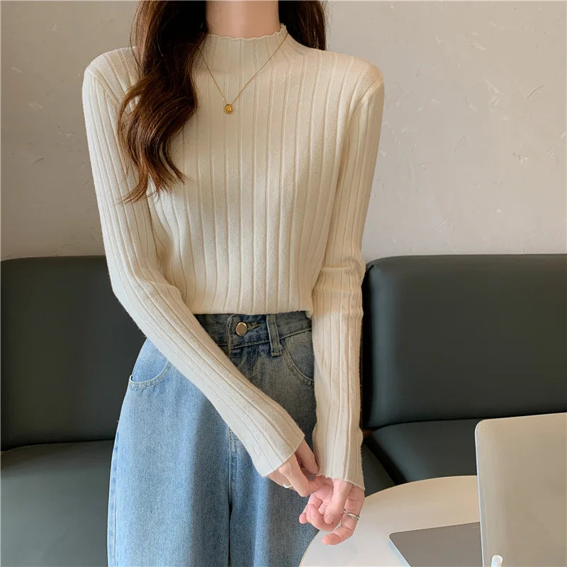 Woman Sweaters 2025 Autumn Winter Knitted Ribbed Turtleneck Sweater Women Clothes Long Sleeve Slim Basic Pullover Solid Tops