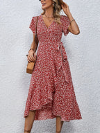 Summer Dresses for Women Sexy V Neck Short Sleeve Irregular High Waist Lace-up Flower Print Dress Casual Beach Dresses