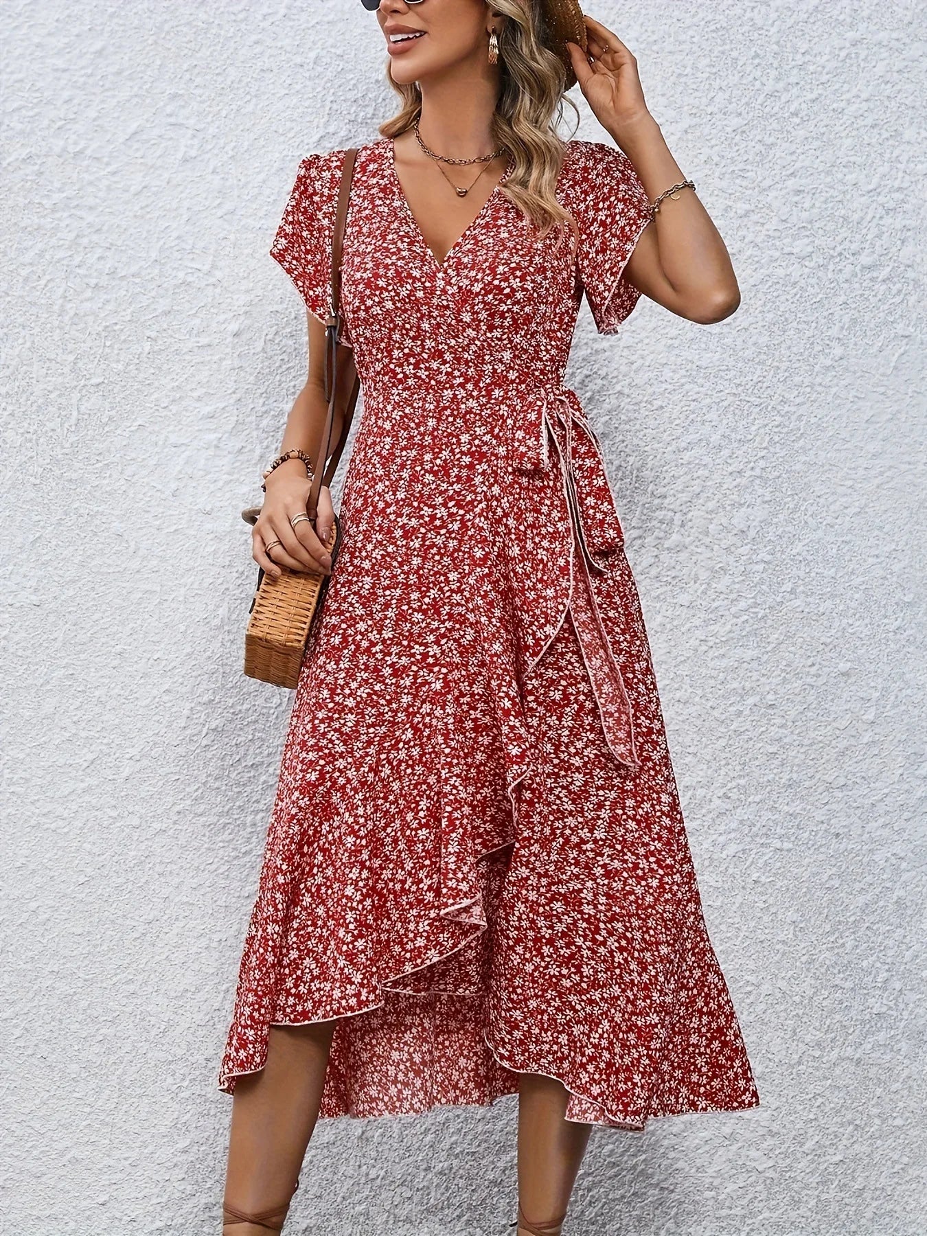 Summer Dresses for Women Sexy V Neck Short Sleeve Irregular High Waist Lace-up Flower Print Dress Casual Beach Dresses