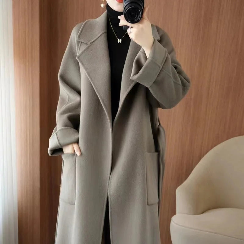 2024 Women's Wear 100% Wool Coat Autumn/Winter Fashion Temperament Double sided Cashmere Coats with Belt Elegant Long Overcoat