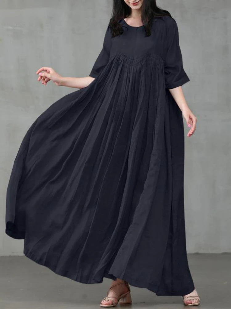 Summer Dresses Women 2023 Casual Fashion Solid Color Round Neck Pleated Cotton Linen Long Dress Elegant Dresses for Women Robe