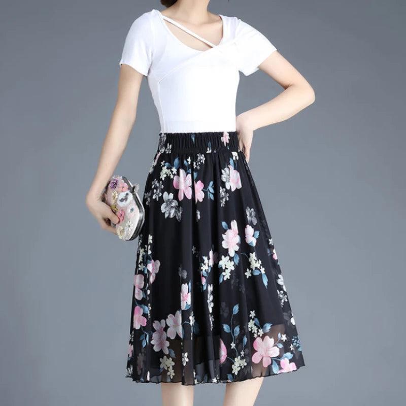 Skirts for Women Chiffon Woman Skirt Floral Midi Summer Casual New In Clothing Sales Modest Luxury Elegant High Quality V Cheap