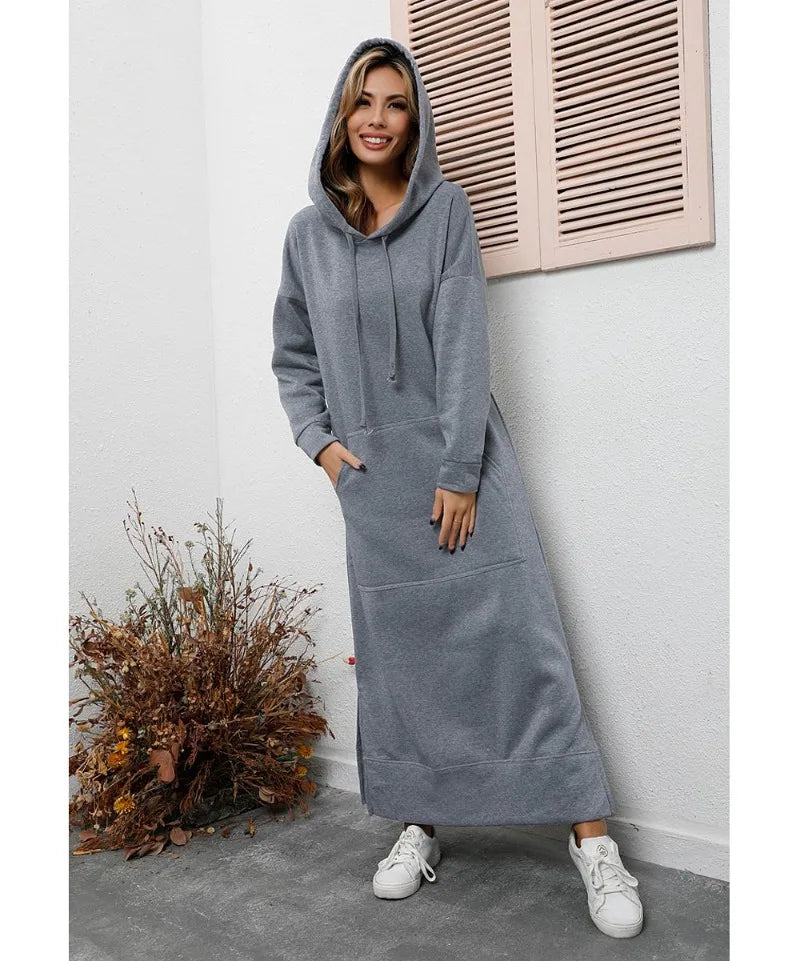 women's hoodies Hoodies Dress for Women Fashion  2024 Hem Lace-up Midi Robe Hooded Long Vestidos Winter Warm Casual Loose Sweatshirt Dress