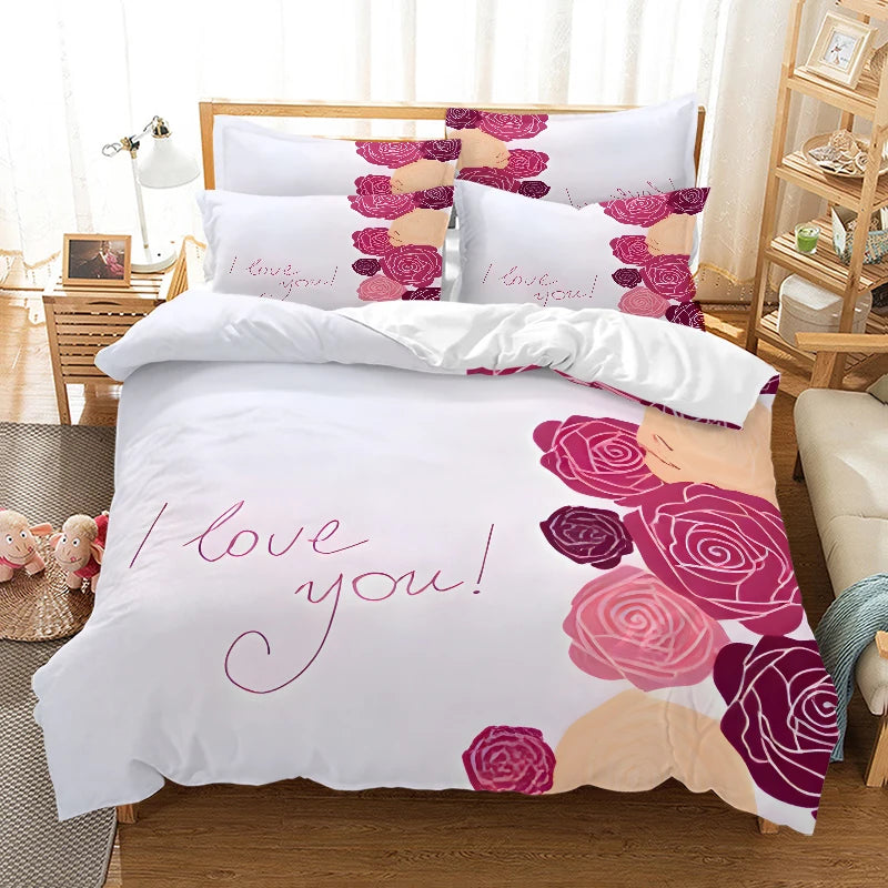 Valentine's Day I Love  style Digital Printed Duvet Set - Polyester - Bedroom Decor -1 bed cover +2 pillowcases (no pillow core)