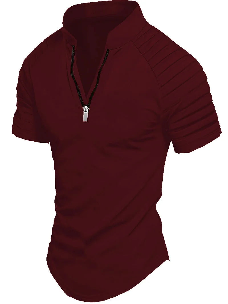 Men's Polo Shirt Summer Fashion New Solid color casual arm wrinkle design comfortable slim zipper short-sleeved blazer