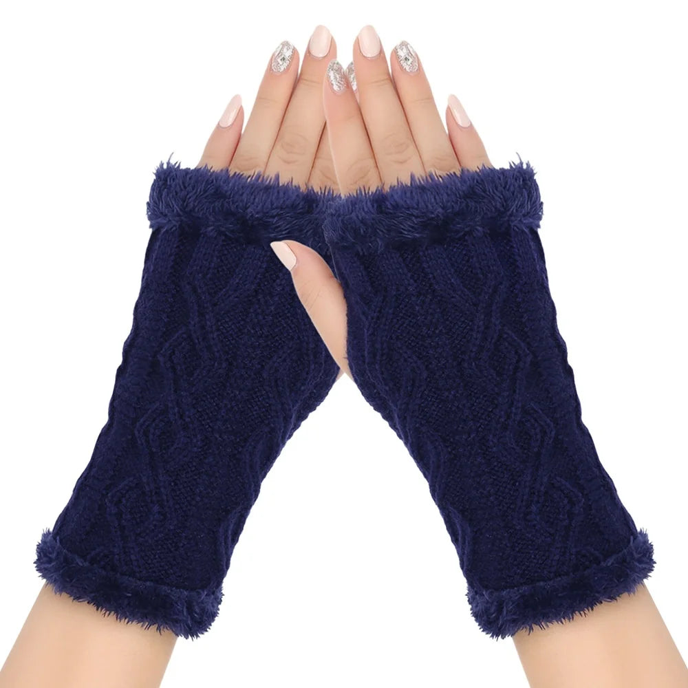 Winter Half Palm Glove For Womens Girls Knitted Fingerless Hand Mitten Fuzzy Fleece Lined Wrist Warmer Solid Color Armer Warmer