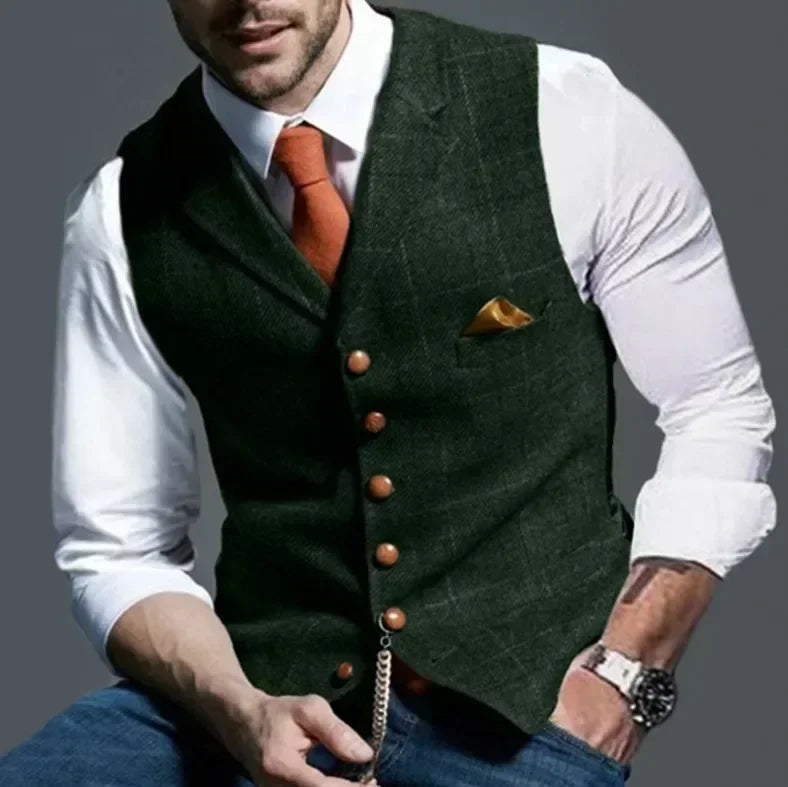 2025 Men's Formal Vests Lapel Tweed Plaid V-neck Waistcoat Slim Vest Business Formal Dress Suit Casual Wedding Tuxedo Male Vest