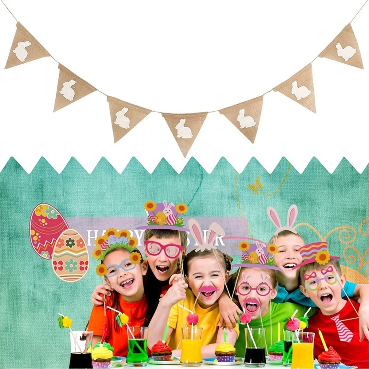 Easter Cute Rabbit Jute Banner Garland Burlap Linen Flag 2025 Happy Easter Party Home Wall Hanging Decoration Supplies Kids Gift