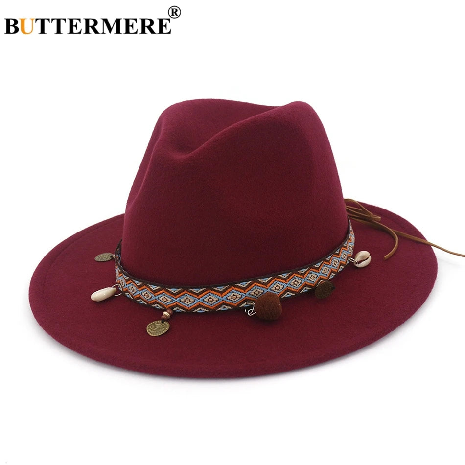 BUTTERMERE Red Fedoras Hats For Women Ethnic Style Wool Felt Hat Female Wide Brim Casual Ladies Autumn Holiday Jazz Caps Fashion