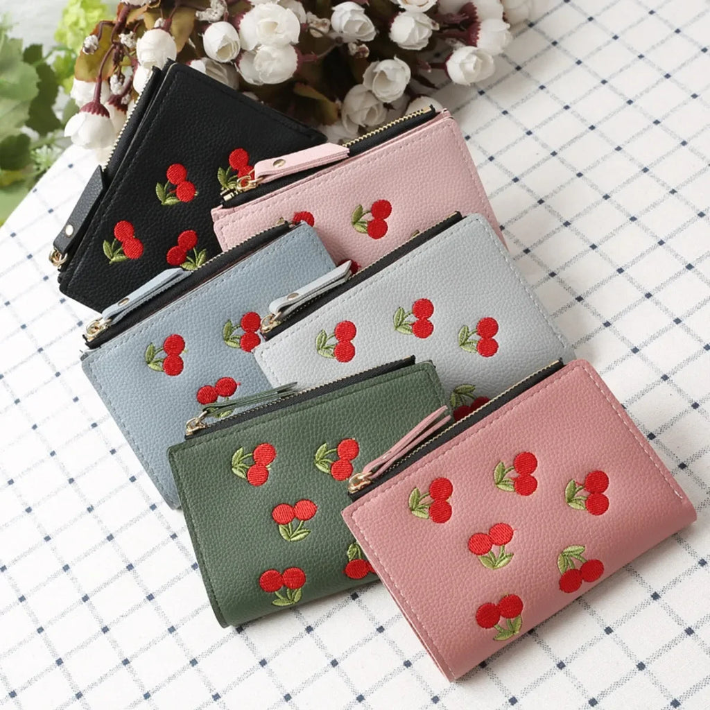 Women's Clutch Wallet with Cherry Floral Embroidery, Vertical Style Buckle Design Trendy Versatile Pu Material Waterproof Light