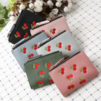 Women's Clutch Wallet with Cherry Floral Embroidery, Vertical Style Buckle Design Trendy Versatile Pu Material Waterproof Light