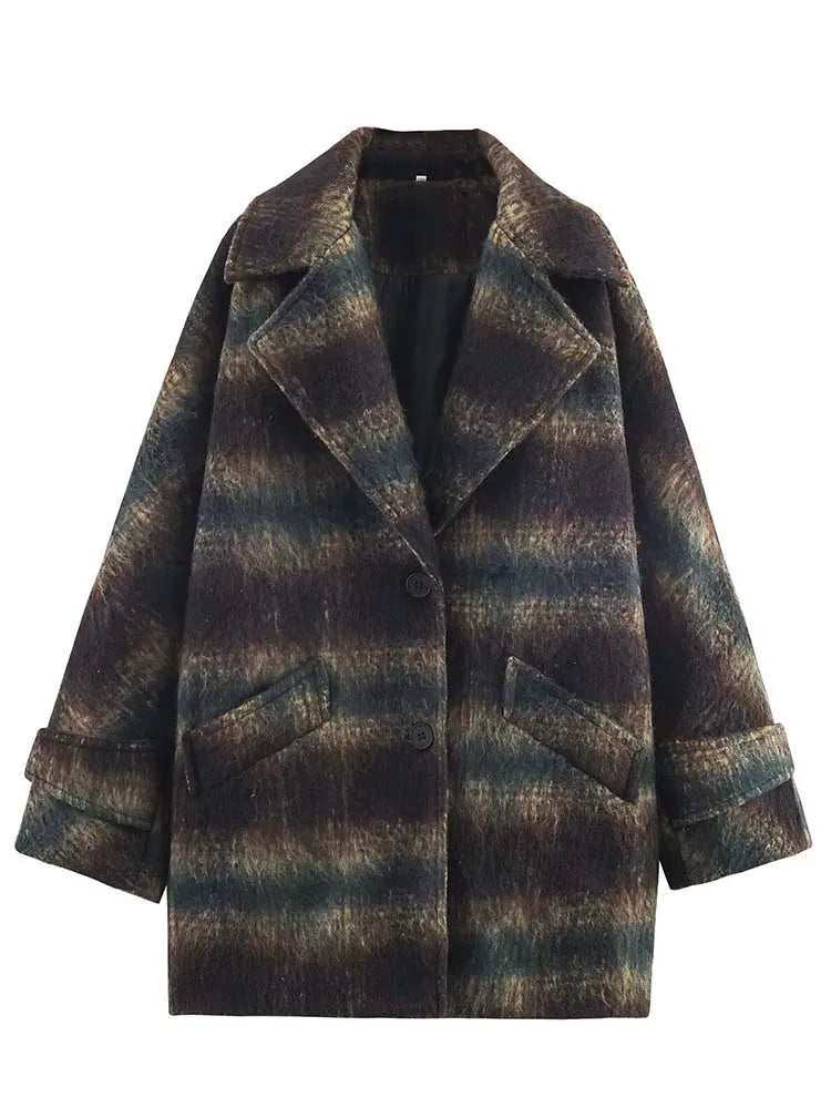 Women's Woolen  Coat 2025 Autumn Winter New Fashion Women Long Sleeve Button Checkered Overcoat Women High Street Leisure Coats