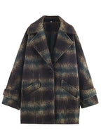 Women's Woolen  Coat 2025 Autumn Winter New Fashion Women Long Sleeve Button Checkered Overcoat Women High Street Leisure Coats