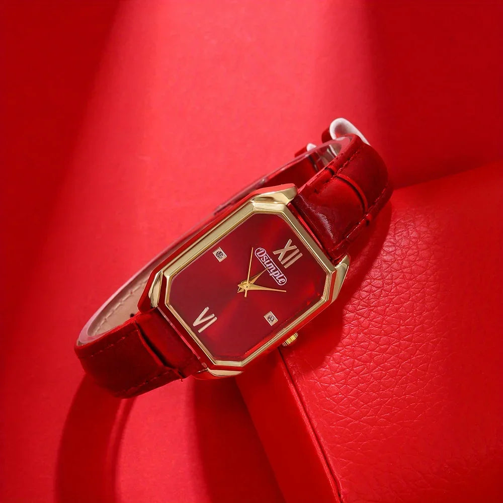 Luxury Women's Watches Elegant Womens Quartz Watch Analog Red PU Leather Designer Square Dial Wrist Watch Ideal Choice for Gifts