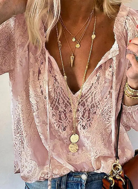 Women's Blouses Spring Summer Fashion Boho Lace Hollow Out Deep V Neck Pullover Shirt Women Elegant Casual Blouse Female Tops