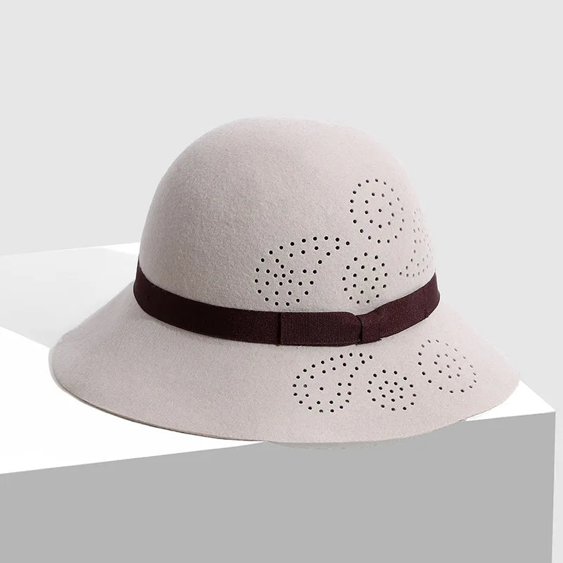 FS Beige Wool Fedoras Elegant Vintage Hats For Women Wide Brim Hollowed-out Cloche Cap Lady Autumn Winter Floppy Black Millinery