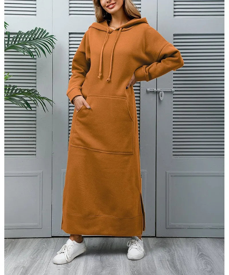 women's hoodies Hoodies Dress for Women Fashion  2024 Hem Lace-up Midi Robe Hooded Long Vestidos Winter Warm Casual Loose Sweatshirt Dress