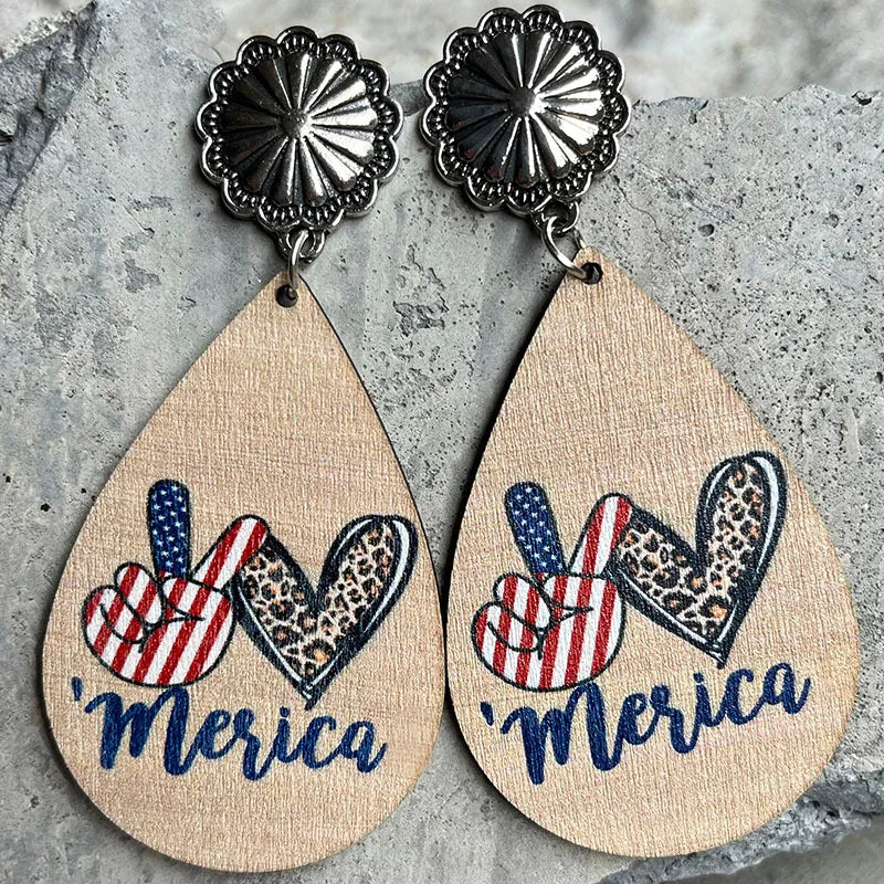New American Independence Day Earrings July 4th Festival Decoration Western Cowboy Sun Flower Boots Cowhead Hat Wooden Ear Rings