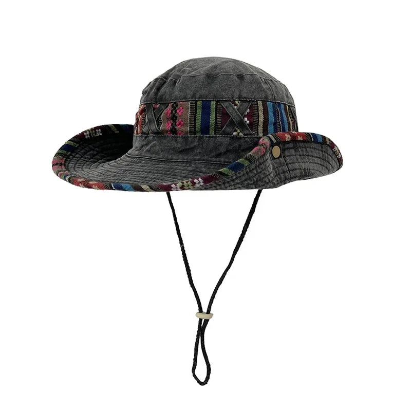 Summer Bucket Hats Retro Printing Cowboy Cap Men Women Outdoor Fishing Hiking Hat Anti UV Sun Caps Cotton Wide Brim Panama Hat