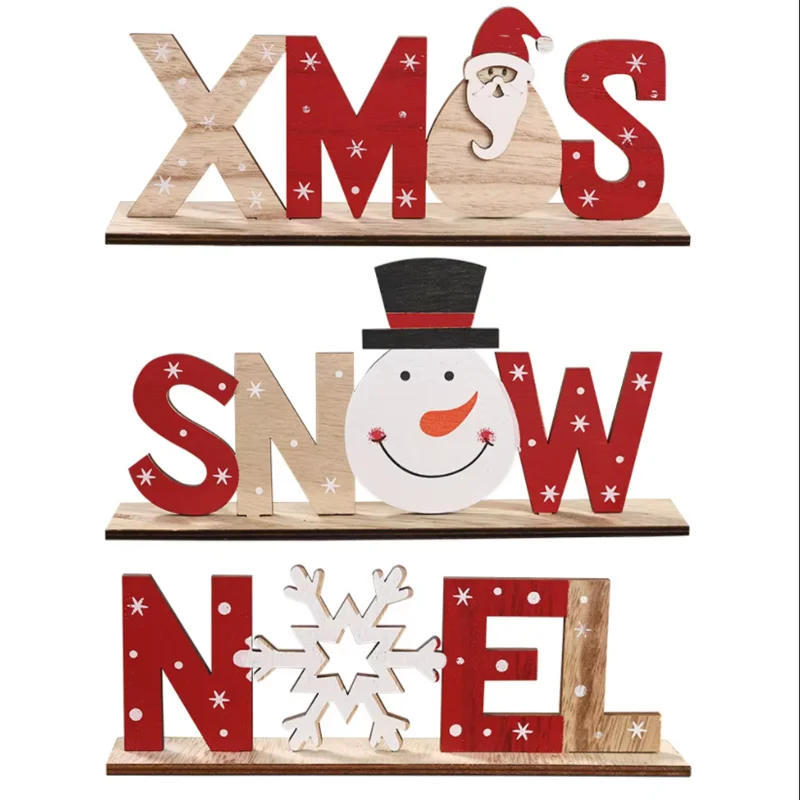Christmas Decorations  English Signs Wooden Decorative Ornaments Elderly People Snowmen Desktop Counter Ornaments Without Lights