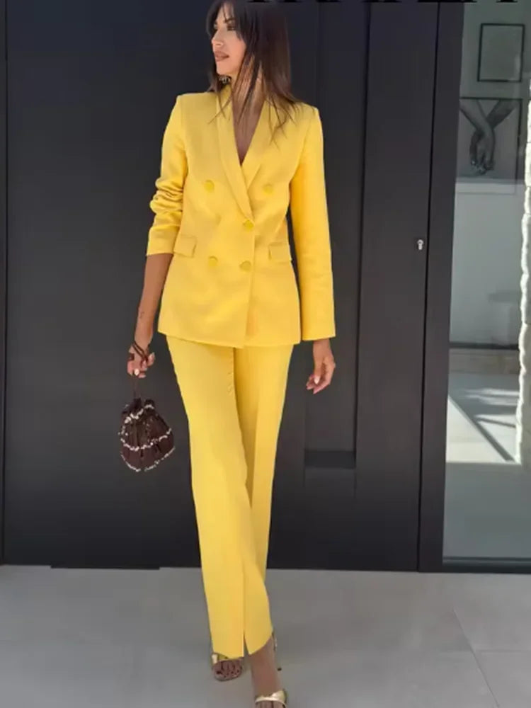 Office Lady Suits Two Piece Pant Set Turn-Down Collar Long Sleeve Double-Breasted Blazers+Mid Waist Zipper Flared Pants