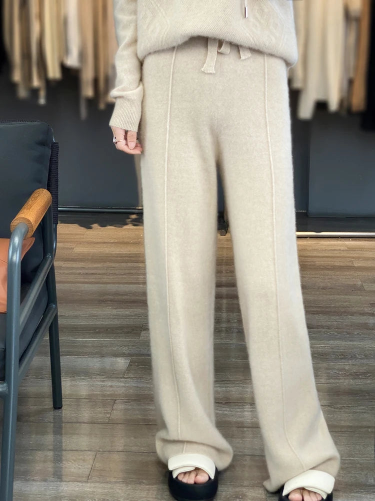 Office Women Straight Pants Autumn Winter 100% Merino Wool Pants Knit Warm Trousers Lace Up Elastic Female Casual Wide Leg Pants