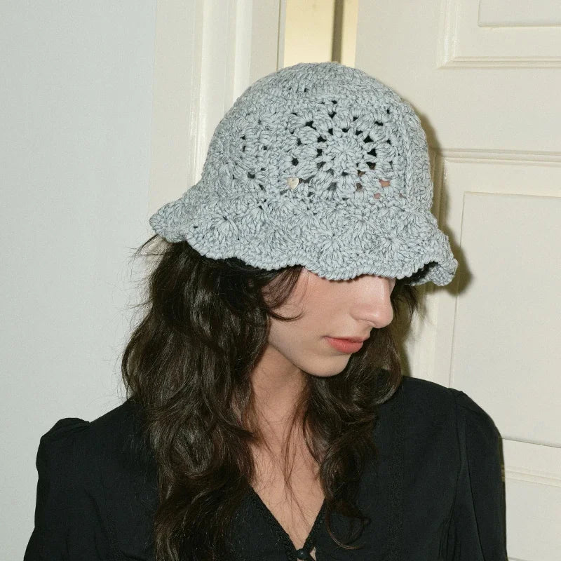 Korean Retro Hollow Crochet Knitted Bucket Hats for Men Women Summer Autumn Versatile Casual Basin Cap Casquettes