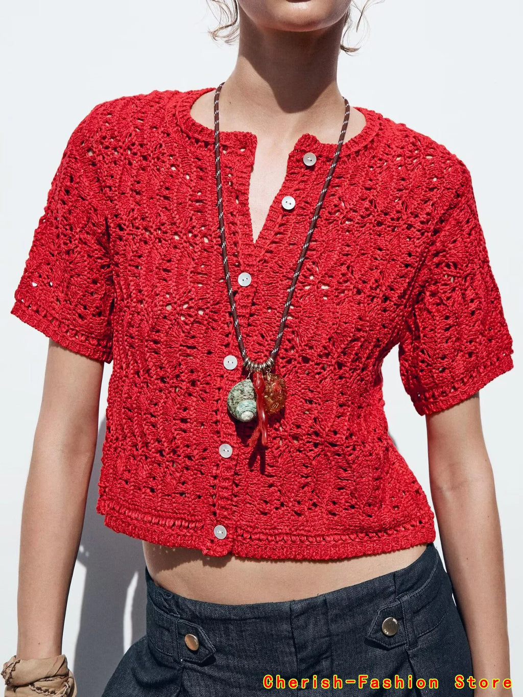 Women's Cardigan Summer 2025 New Red Knitted Short Sleeve Cutout Design Cardigan Casual Fashion Personality Versatile Knitwear