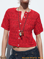 Women's Cardigan Summer 2025 New Red Knitted Short Sleeve Cutout Design Cardigan Casual Fashion Personality Versatile Knitwear