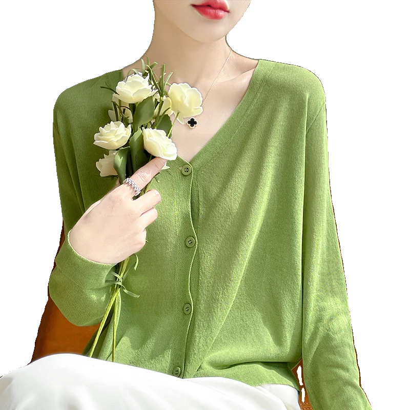 Women's Cardigans 2025 Thin Summer Single Breasted V-neck Loose Knitted Sweater Fashion Solid Tops Ice Silk Outerwears Jumpers