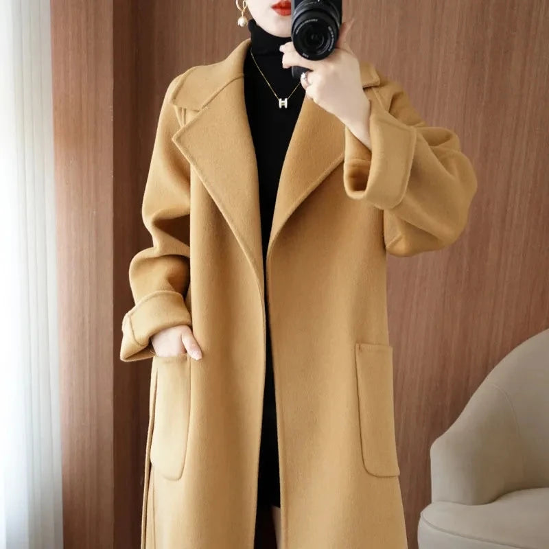 100% Wool Coat Women's Wear 2025 Autumn/Winter Fashion Temperament Double sided Cashmere Coats with Belt Elegant Long Overcoat