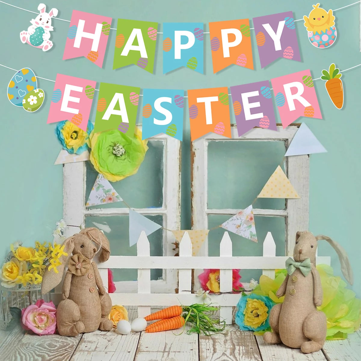 Happy Easter Banner Colorful Bunny Easter Eggs Carrot Banner Garland Signs Spring Themed 2025 Easter Day Decorations for home