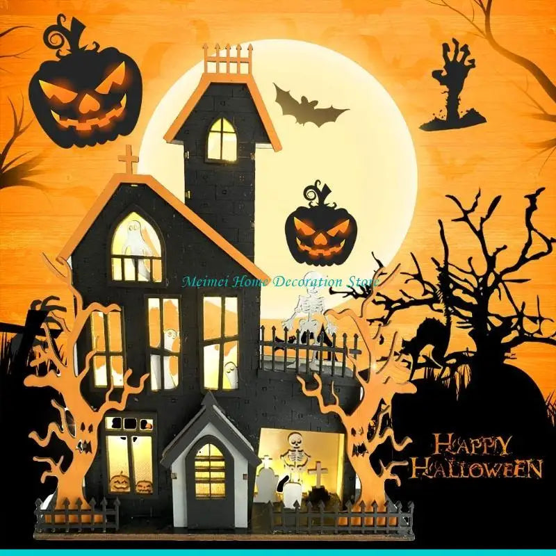 H7BF Halloween Table Decorations Wooden Table Centerpieces Sign with LED Light for Home Kitchen Decor