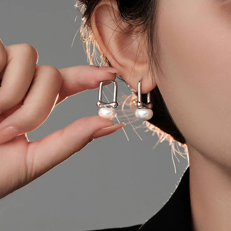 Real 925 Sterling SilverI Pearl Hoop Earring for Women Geometric Minimalist Ear Buckle Vintage Fine Jewelry Accessories