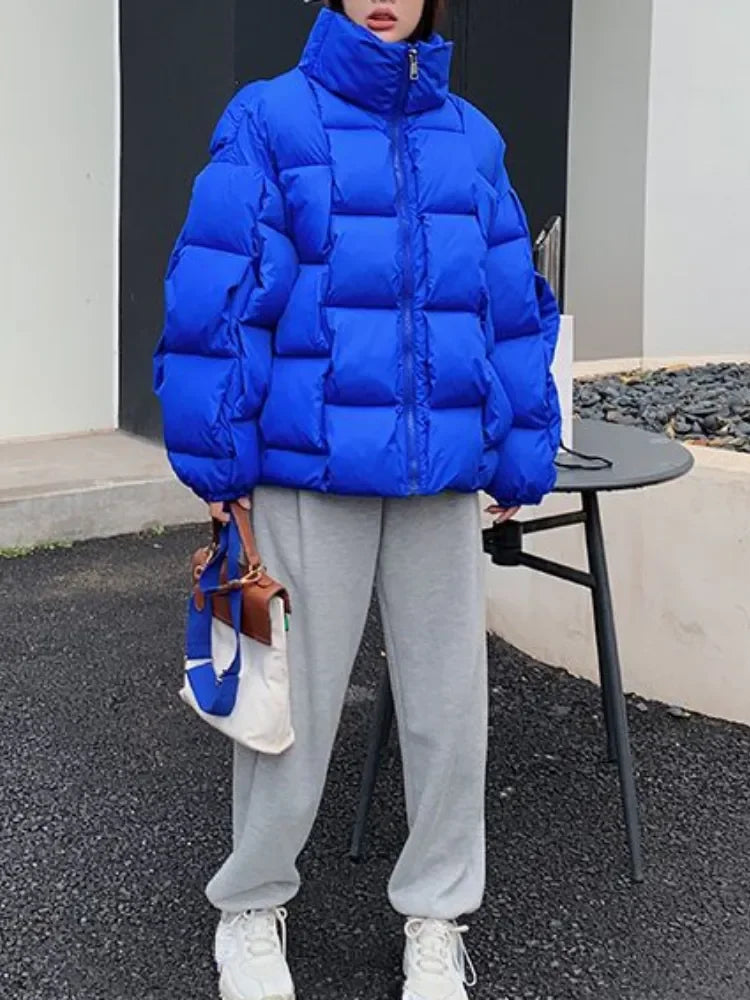 Winter Jacket for Women Three-dimensional Plaid Woven Fashion Coat Solid High Street Warm and Thick 2023 Winter New Down Jacket