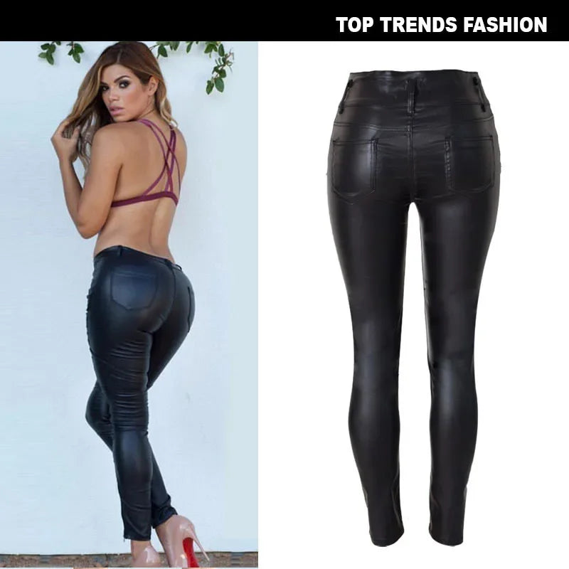Women's Pants High Waisted 3 Button Slim Faux Leather Pants and Small Leg PU Women Pants
