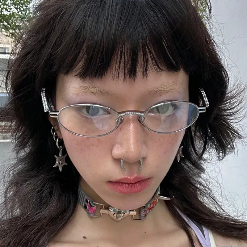 Fashion Eyeglasses Frames For Women Men Silver Oval Glasses Anti Blue Light Small Rhinestone Sunglasses With Metal Frame