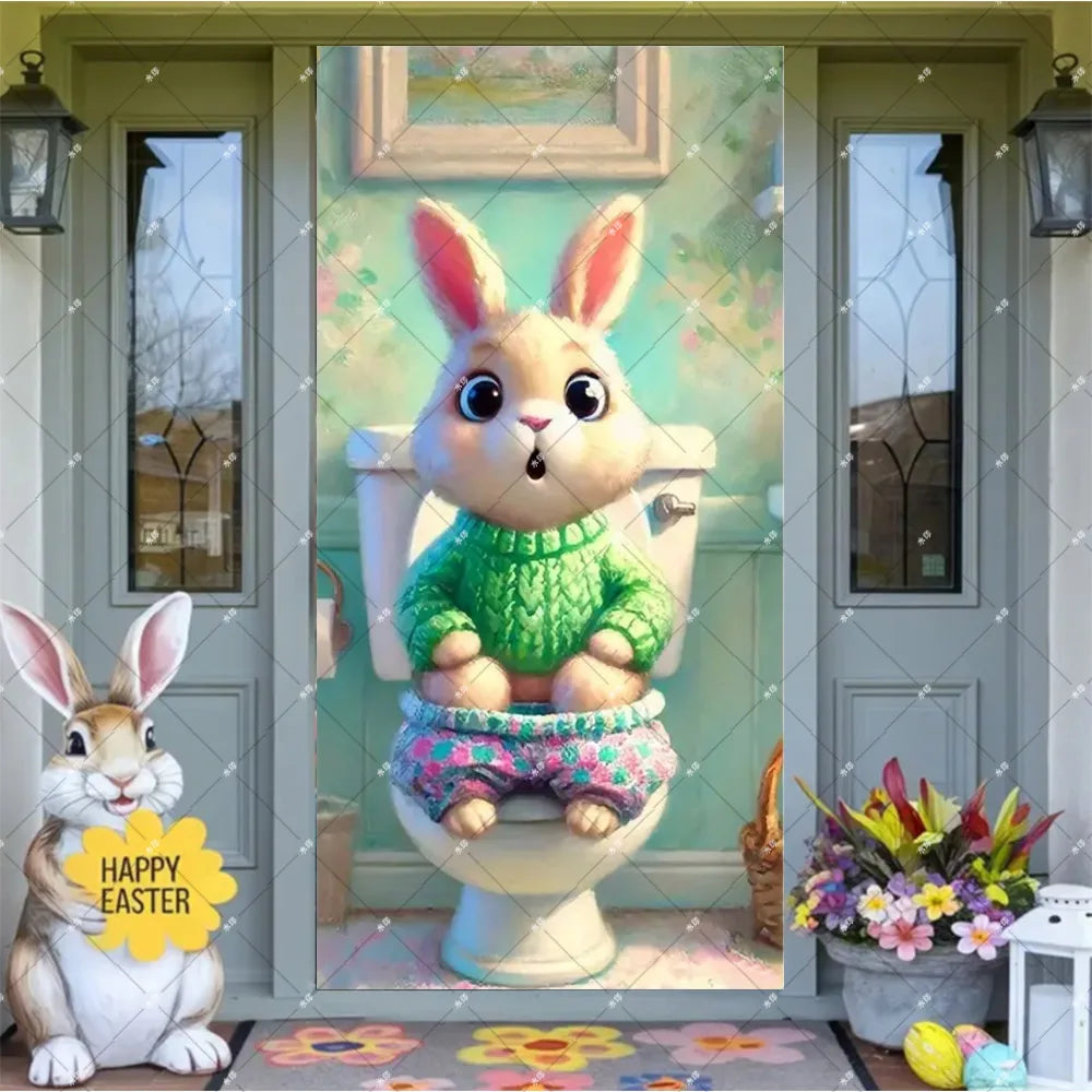 Spring Easter Theme Charming Rabbit On The Toilet Grass Flower Eggs Door Banner Cover Backdrop Easter Festival Party Porch Decor