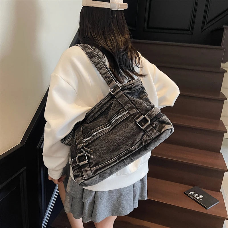 Bags women handbags ladies.Stylish New Denim Handbag, Washed and Old Shoulder Bag, Locomotive Bag, Crossbody Bags for Women