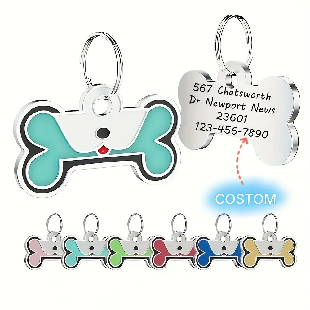 Custom Tags Custom Engraved Pet ID Tags, Personalized with Name, Birthday, Phone, Address - Durable Zinc Alloy Bone-Shaped Collar Pendant -