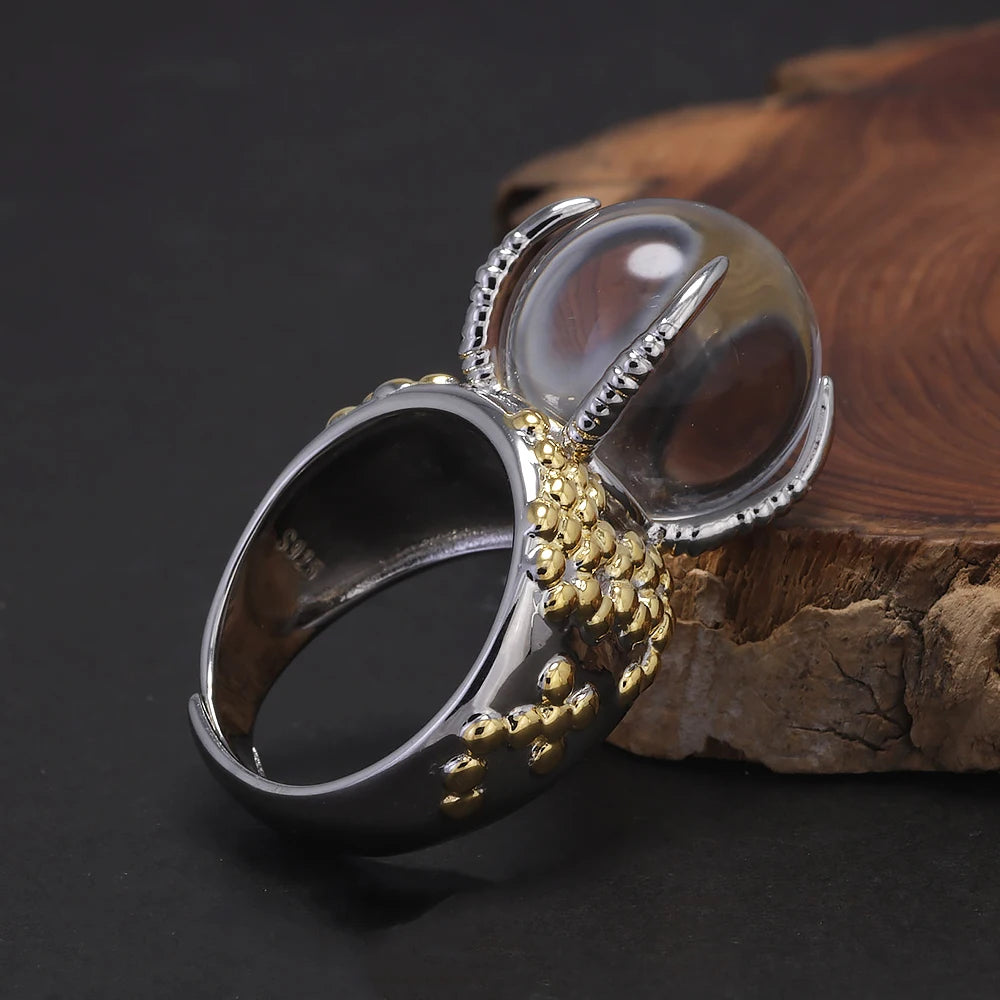 925 Sterling Silver Statement Ring for Women Large Ball Crystal Natural Gemstone Irregular Unique Design Exaggerated Jewelry